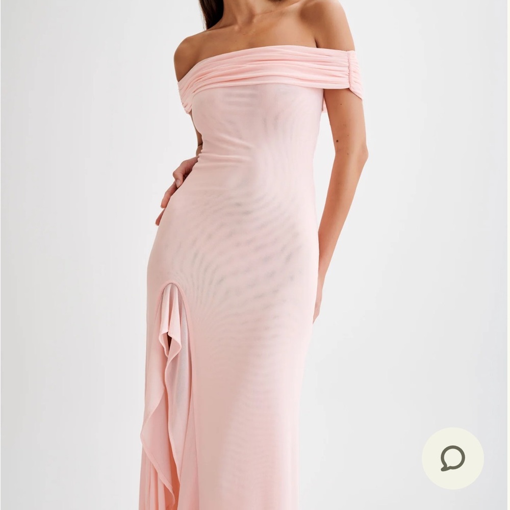 Audrey- off-shoulder mesh maxi dress- pale pink